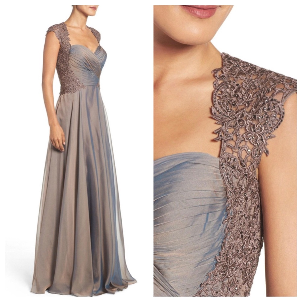LA FEMME Ruched Chiffon Gown In Cocoa - Picture 2 of 8